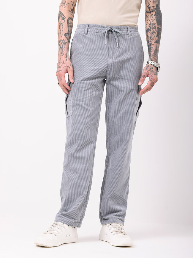 Men Grey Corduroy Regular Fit Cargo Pants