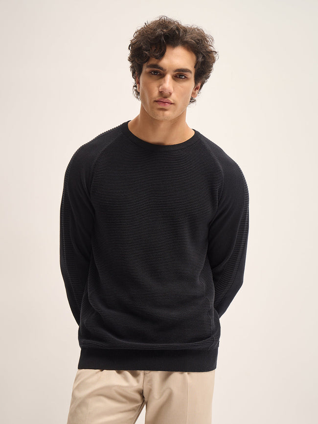 Men Black Self Design Regular Fit Crew Neck T-Shirt