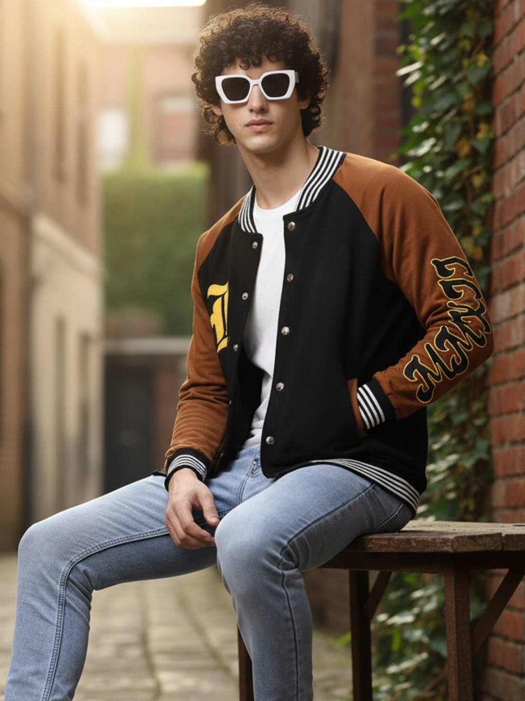 Men Black Oversized Printed Fleece Varsity Jacket