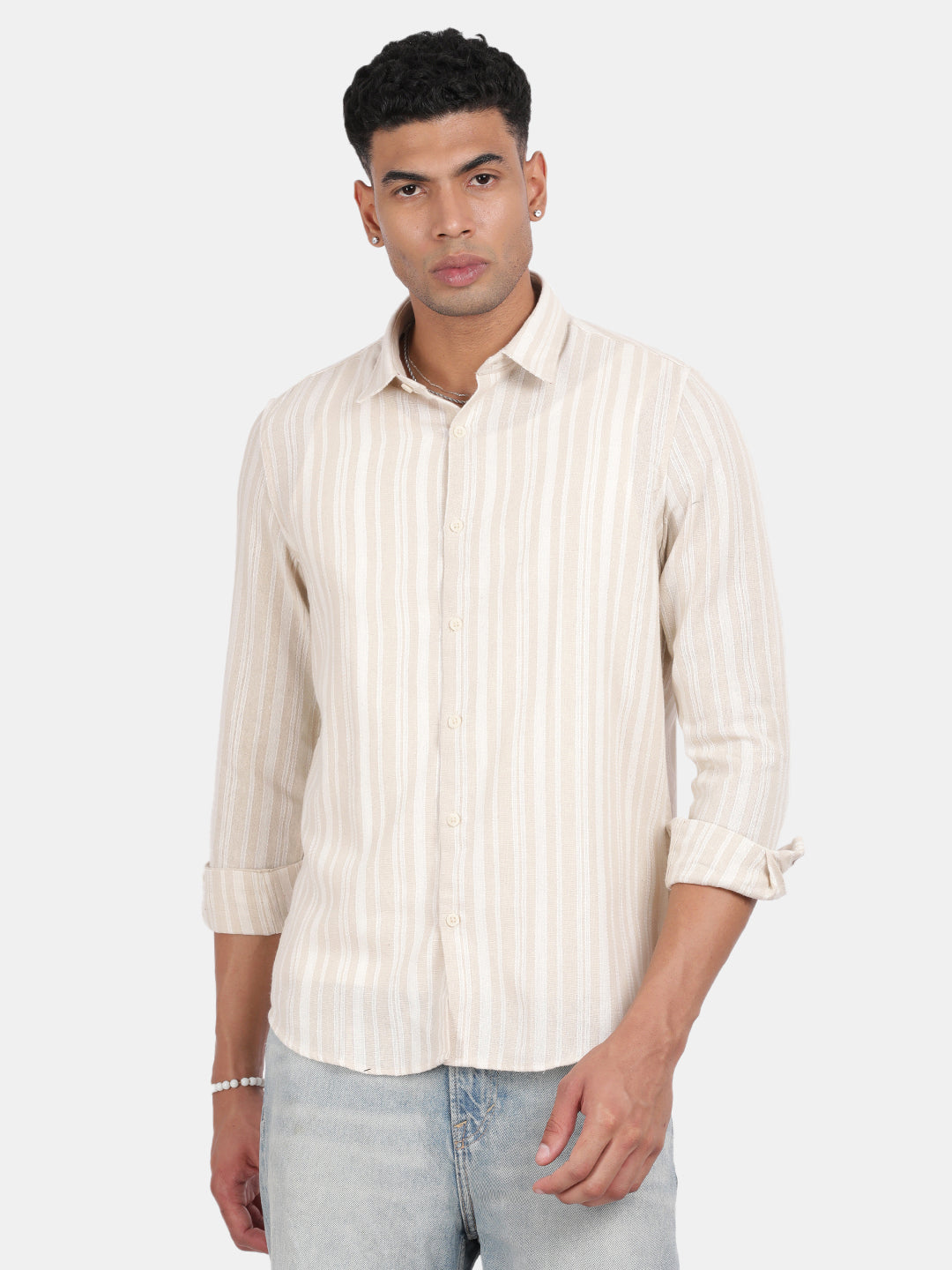 Men Cream Slim Fit Spread Collar Full Sleeve Casual Shirt