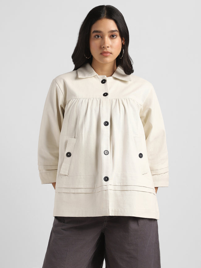 Women Beige Pleated Relaxed Jacket