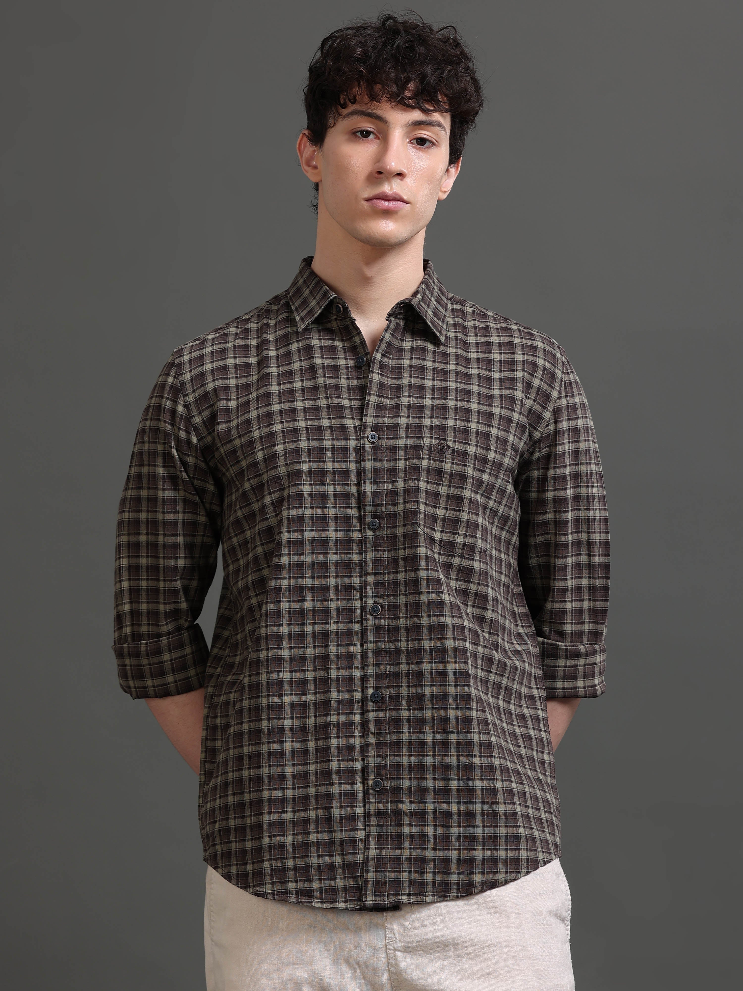 Men Brown Checked Shirt