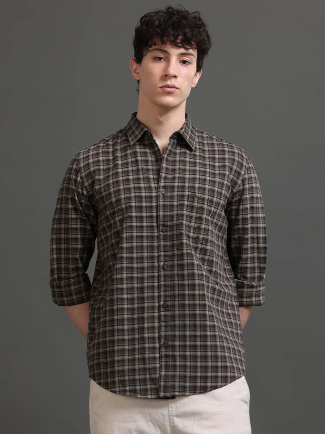 Men Brown Checked Shirt