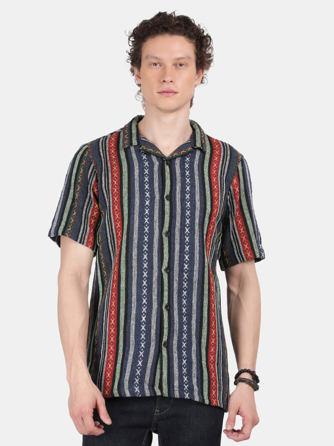 Men Navy Slim Fit Spread Collar Half Sleeve Casual Shirt
