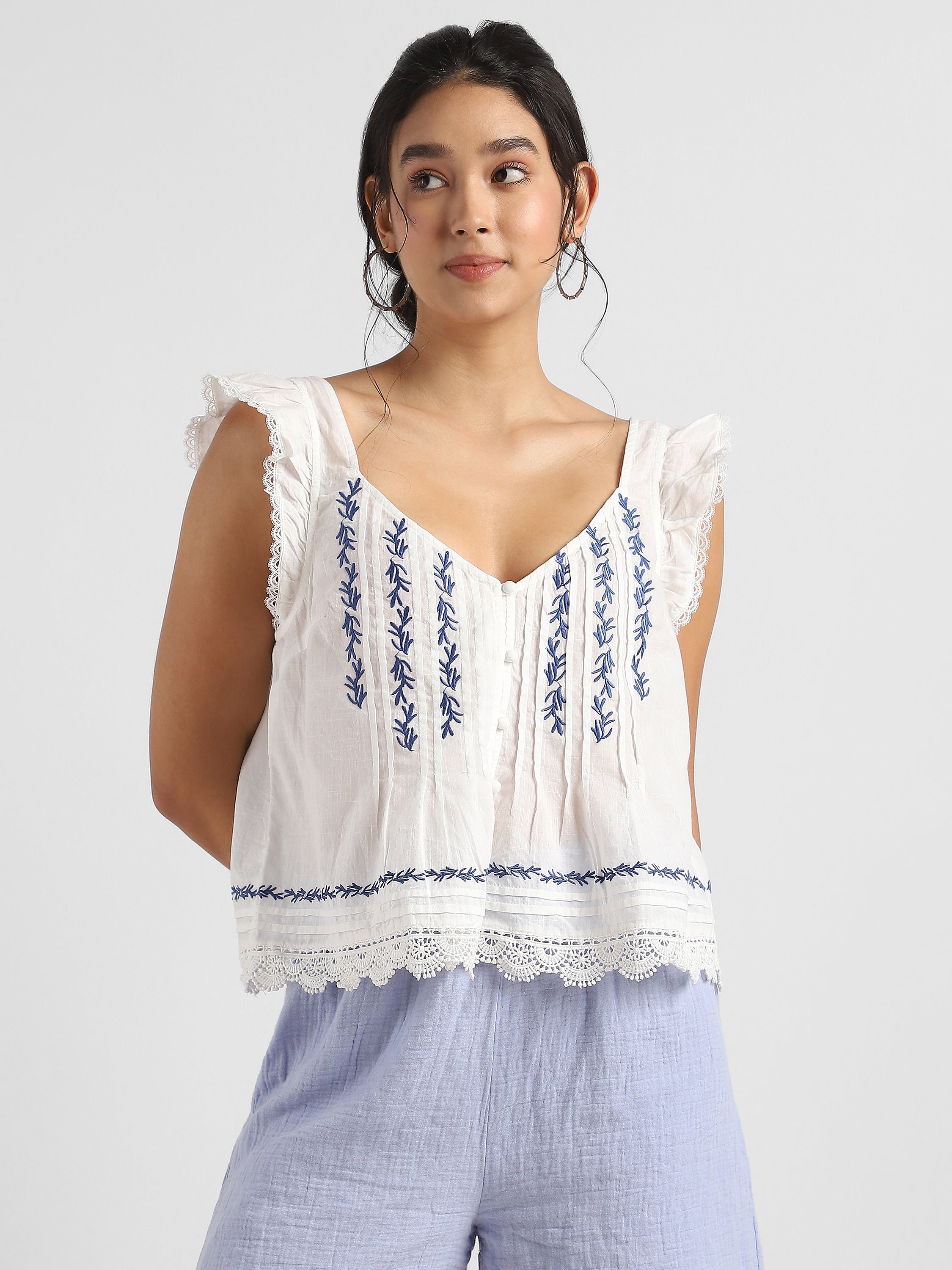 Women White and Blue Embroidered Laced Top