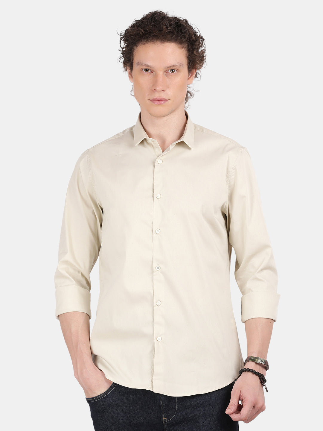 Men Cream Slim Fit Spread Collar Full Sleeve Casual Shirt