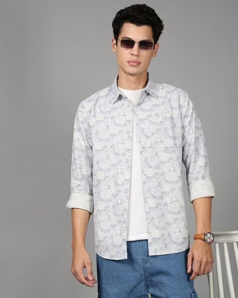 Men Blue Floral Print Shirt