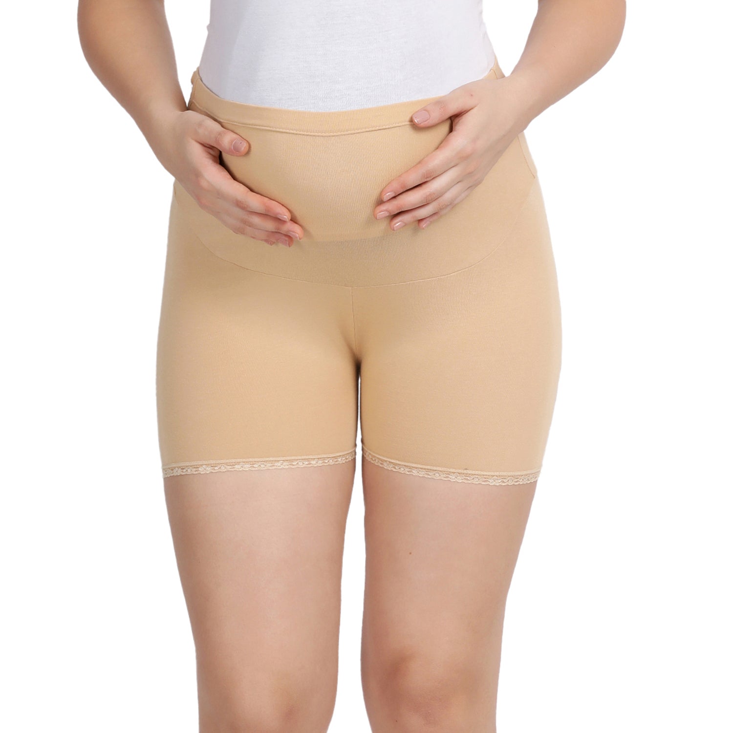 Women Beige Maternity Lace Shorts