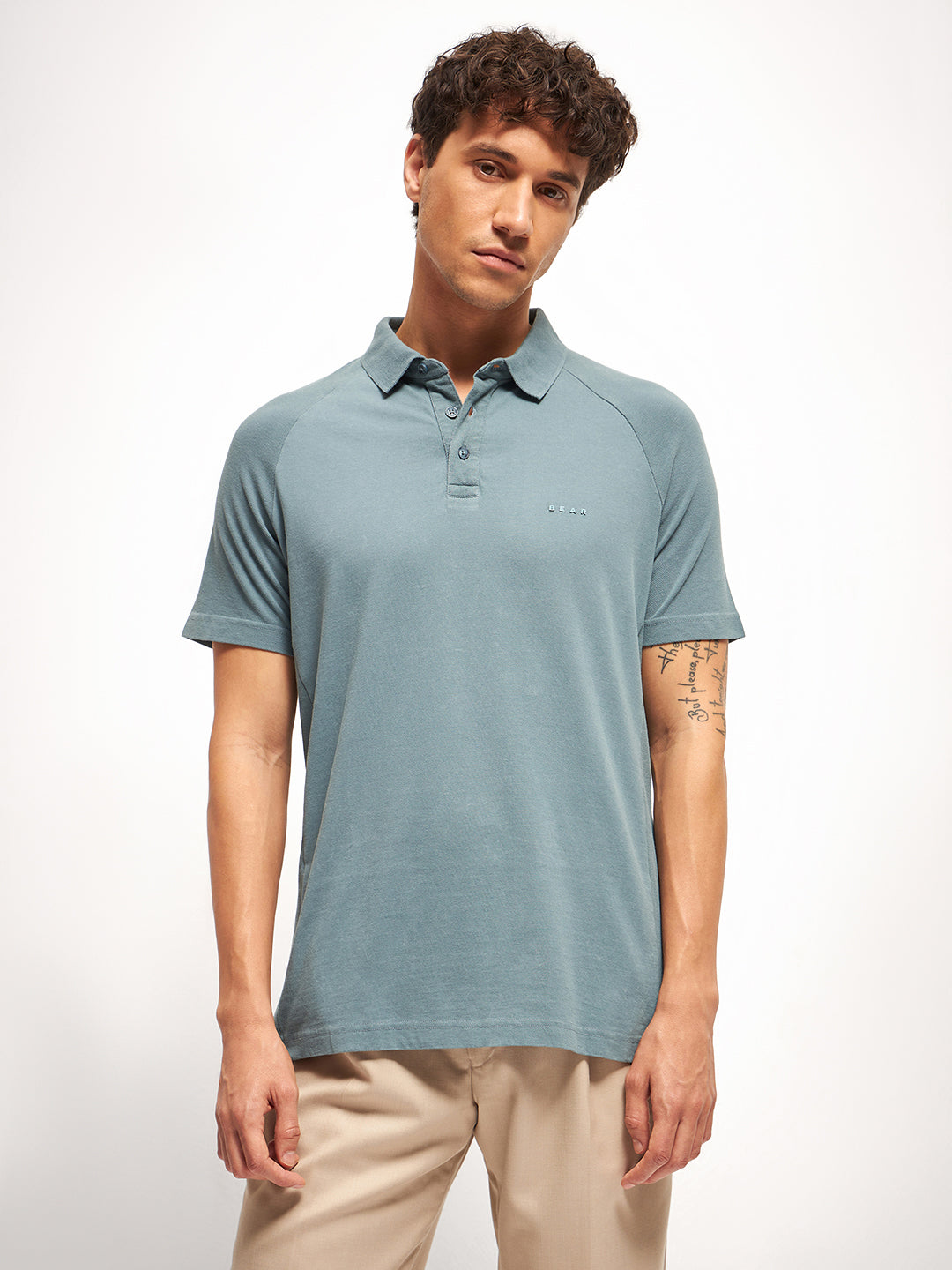 Men Teal Blue Solid Regular Fit Polo Collar T-shirt