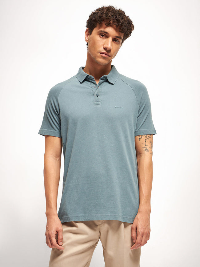 Men Teal Blue Solid Regular Fit Polo Collar T-shirt