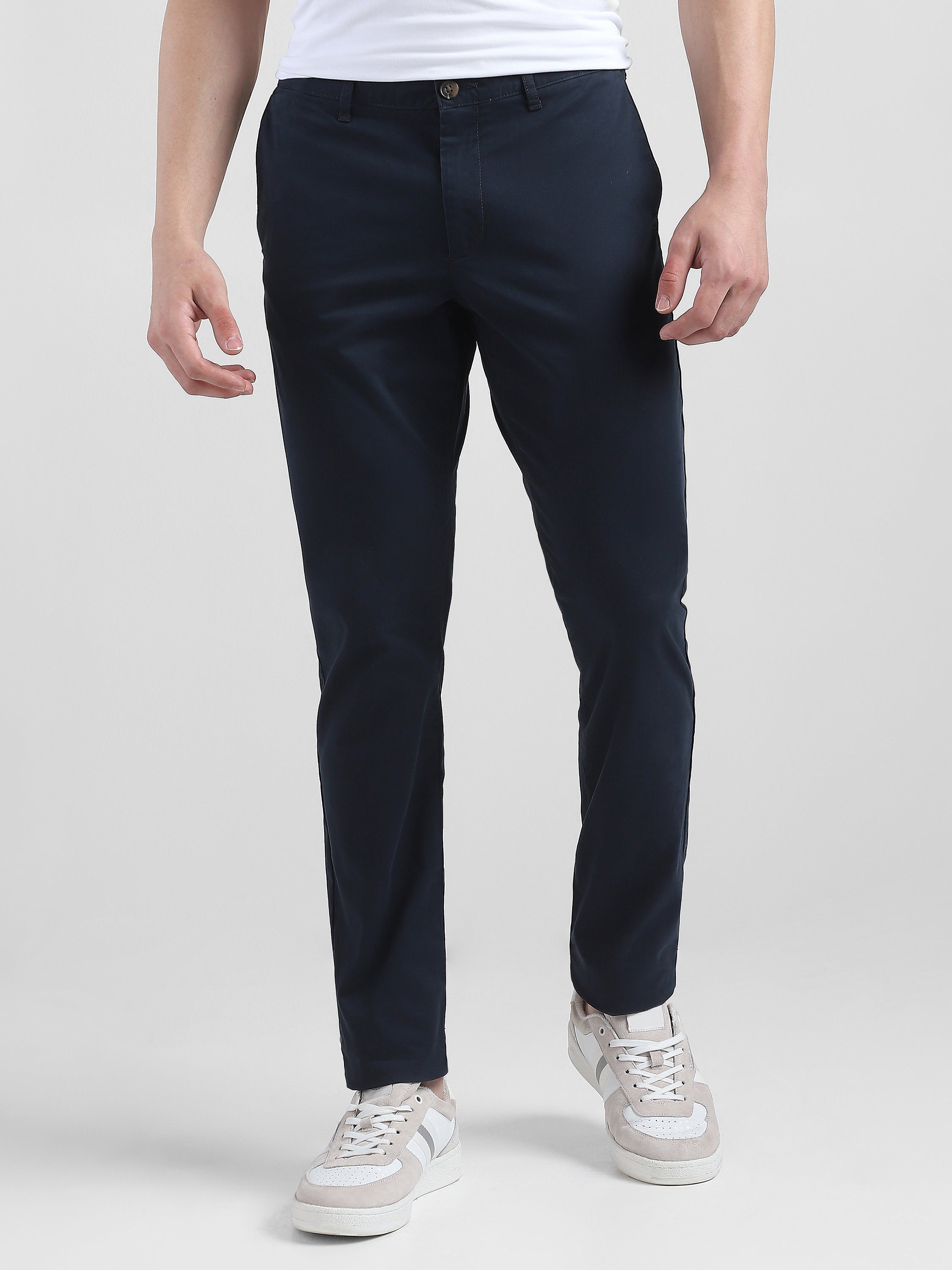 Men Navy Mid Rise Regular Fit Trouser