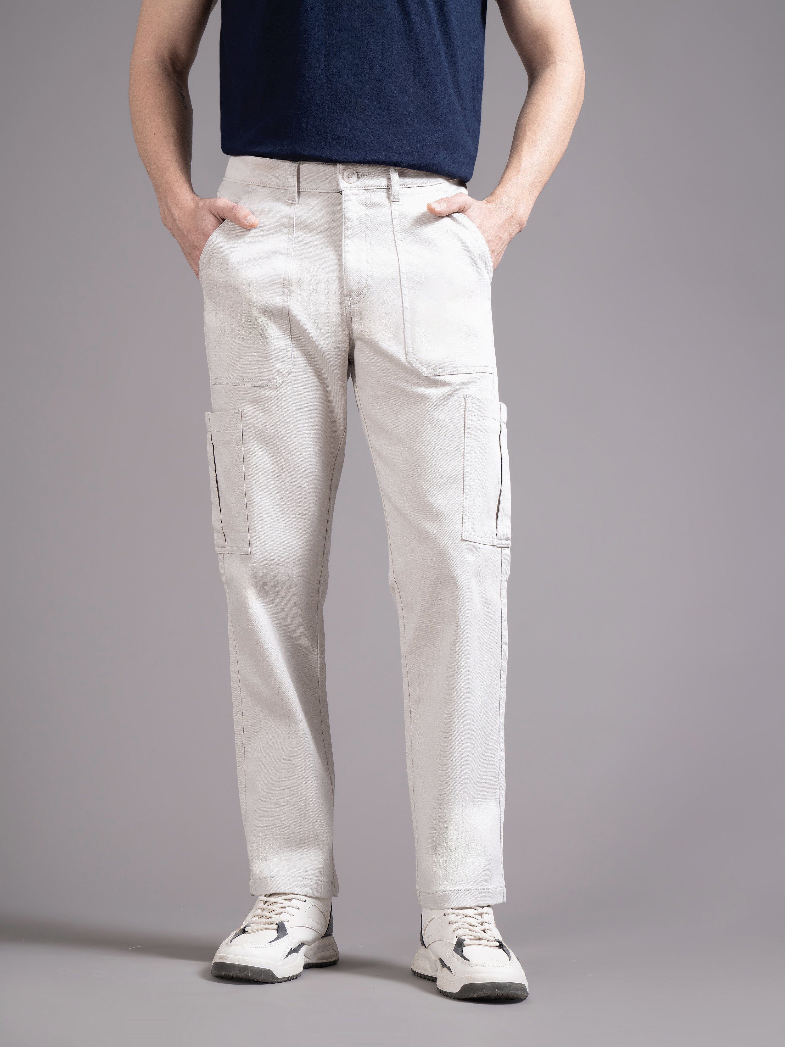 Men Off White Straight Fit Cargo Trouser