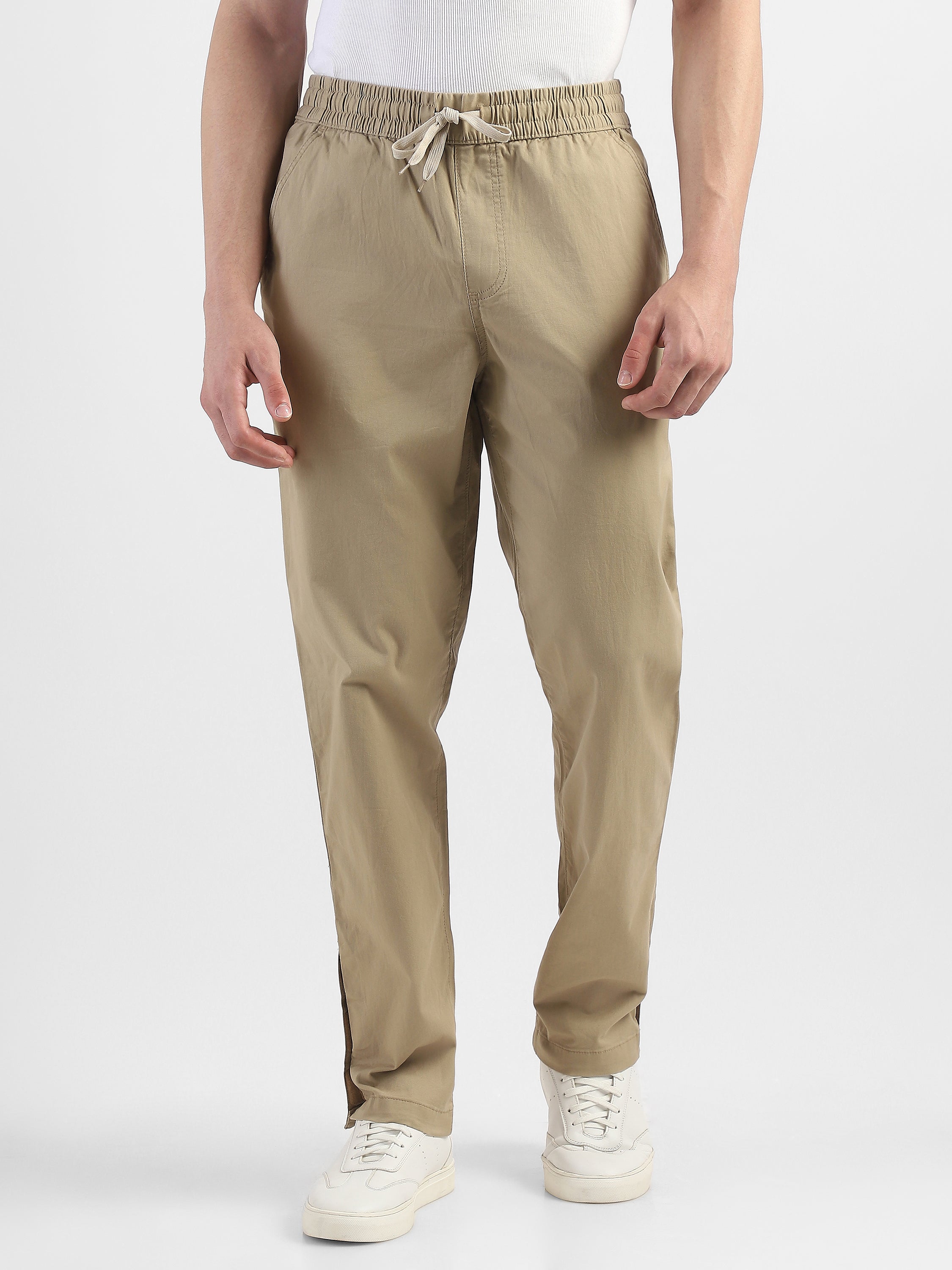 Men Beige Mid Rise Cotton Blend Pants