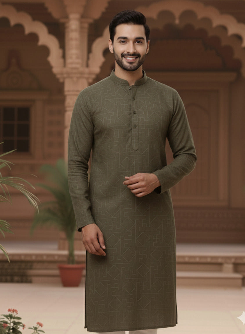 Men Green Zig Zag Embroidered Kurta