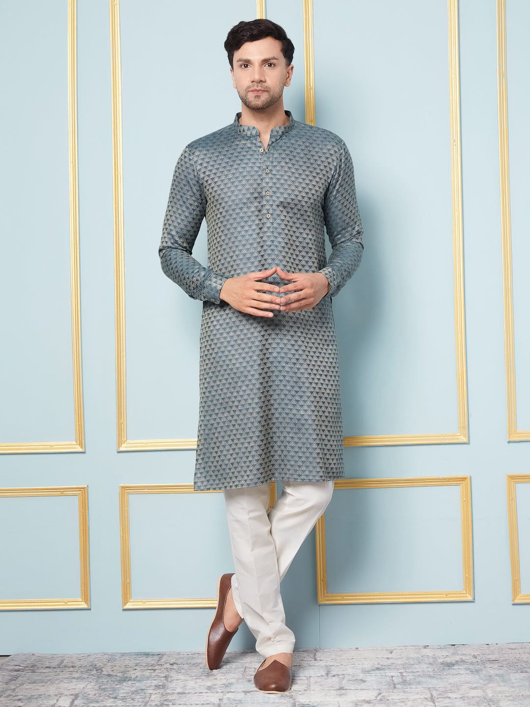Men Green Woven Design Thread Work Kurta