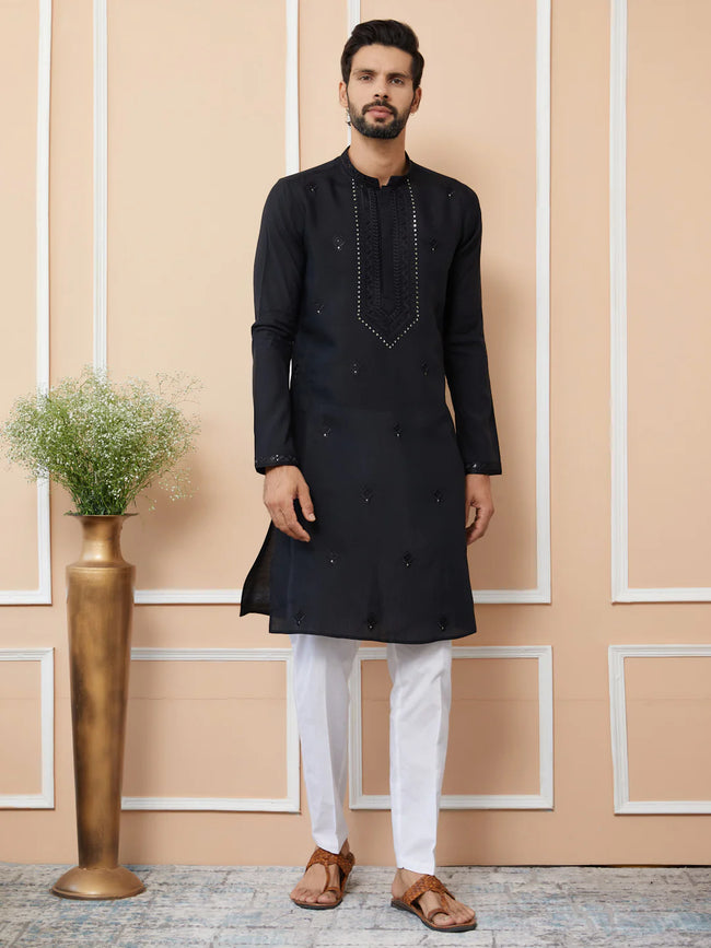 Men Black Embroidered Chanderi Silk Straight Kurta