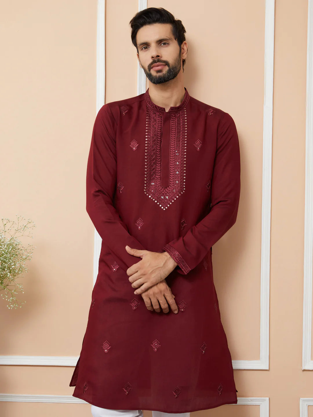 Men Maroon Embroidered Chanderi Silk Straight Kurta