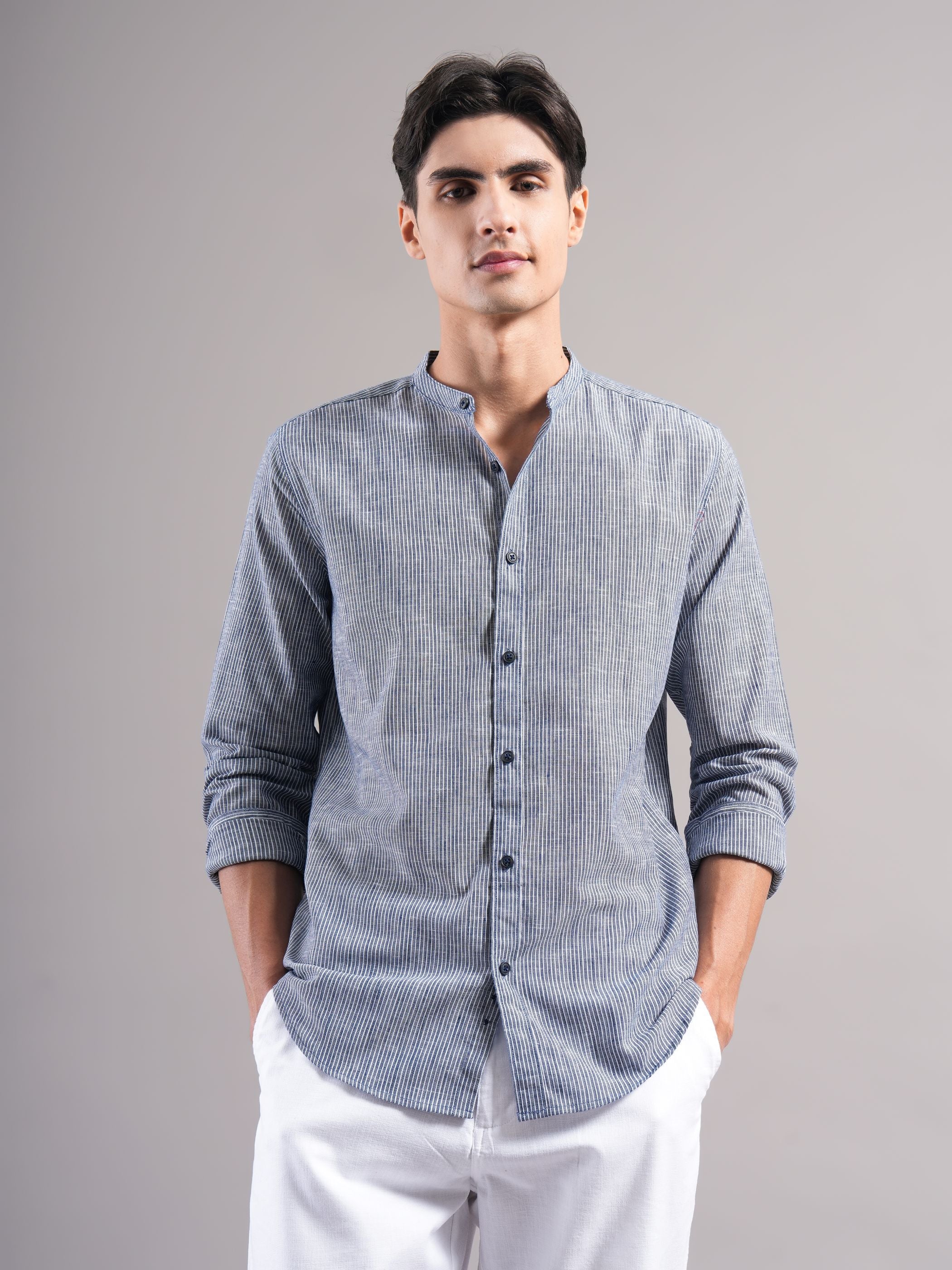 Men Navy Striped Casual Shirt