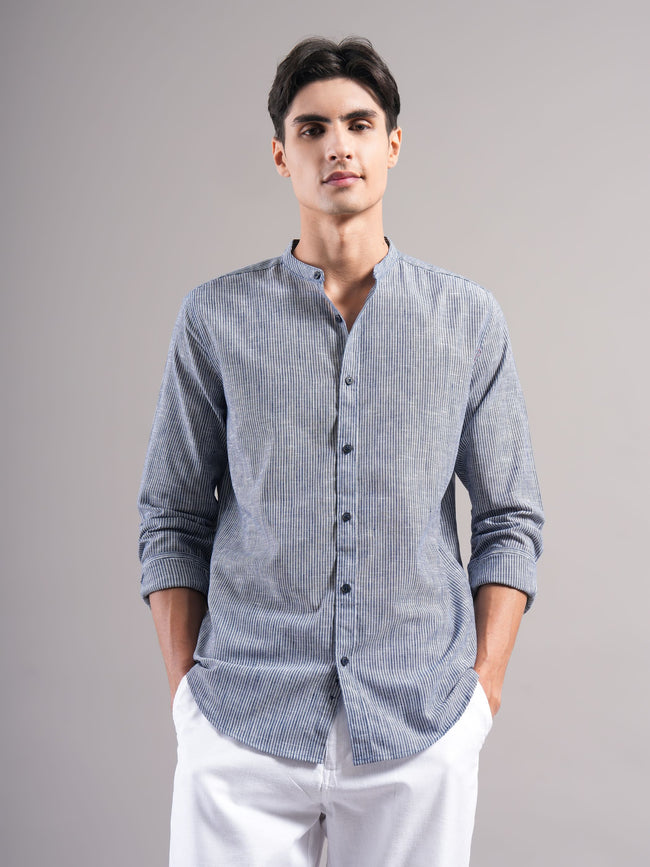 Men Navy Striped Casual Shirt