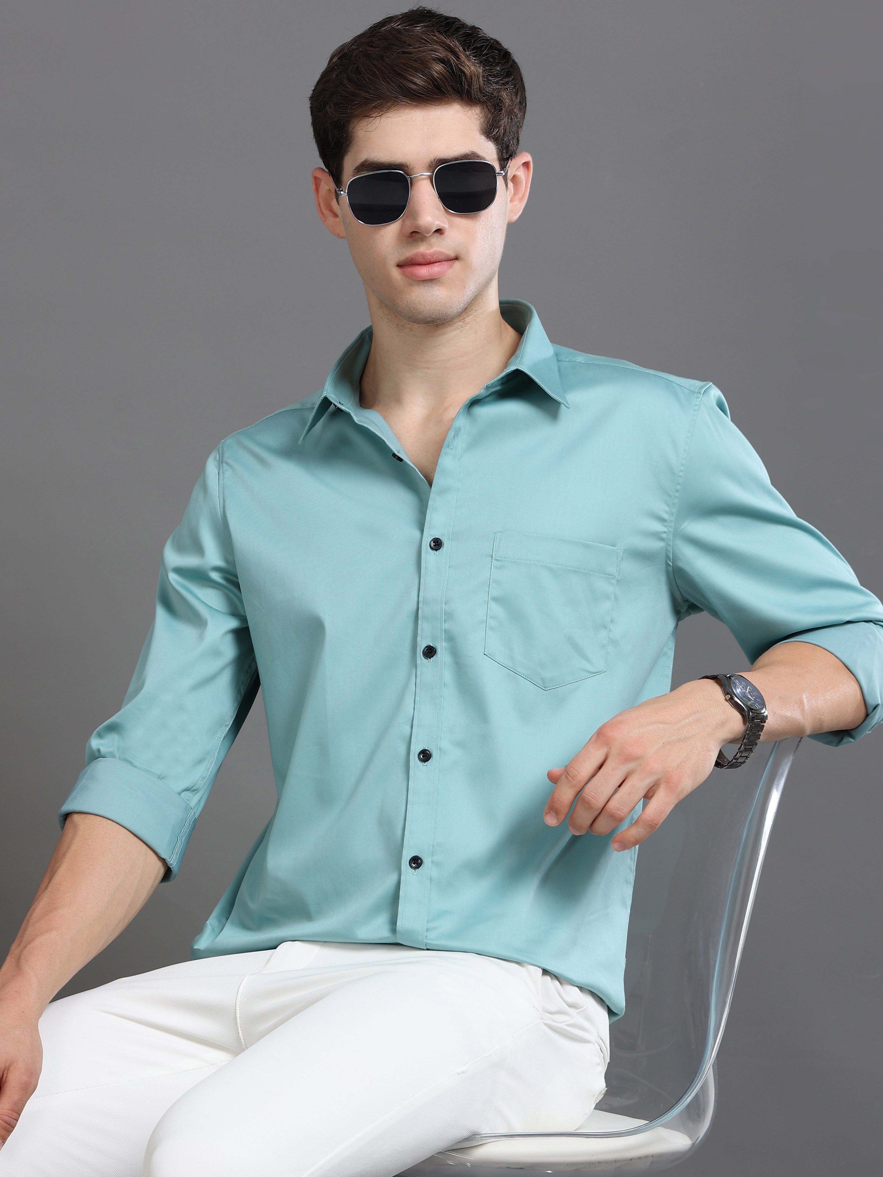 Men Blue Satin Shirt