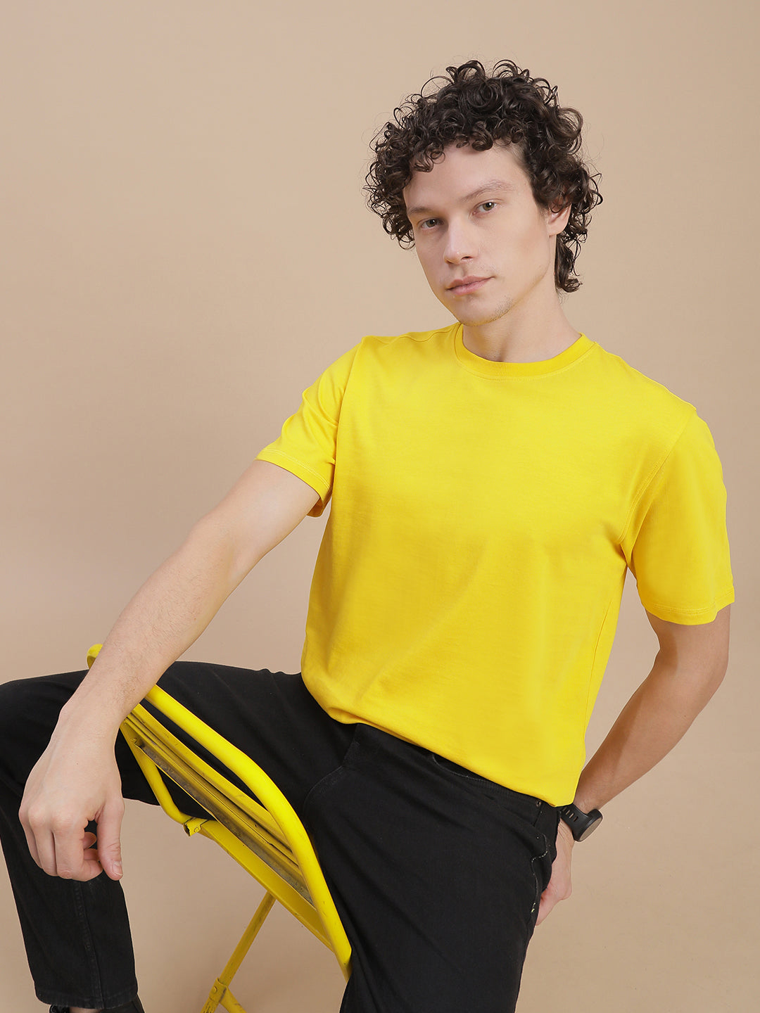 Men Mustard Crew Neck T-Shirt