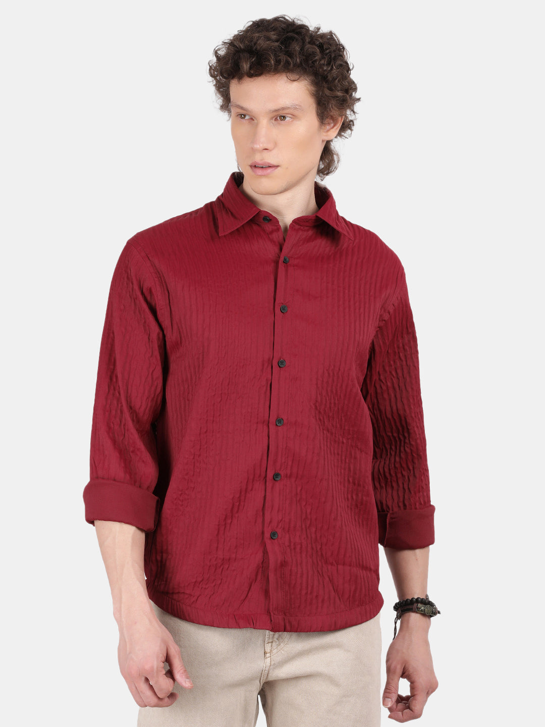 Men Maroon Slim Fit Spread Collar Full Sleeve Casual Shirt