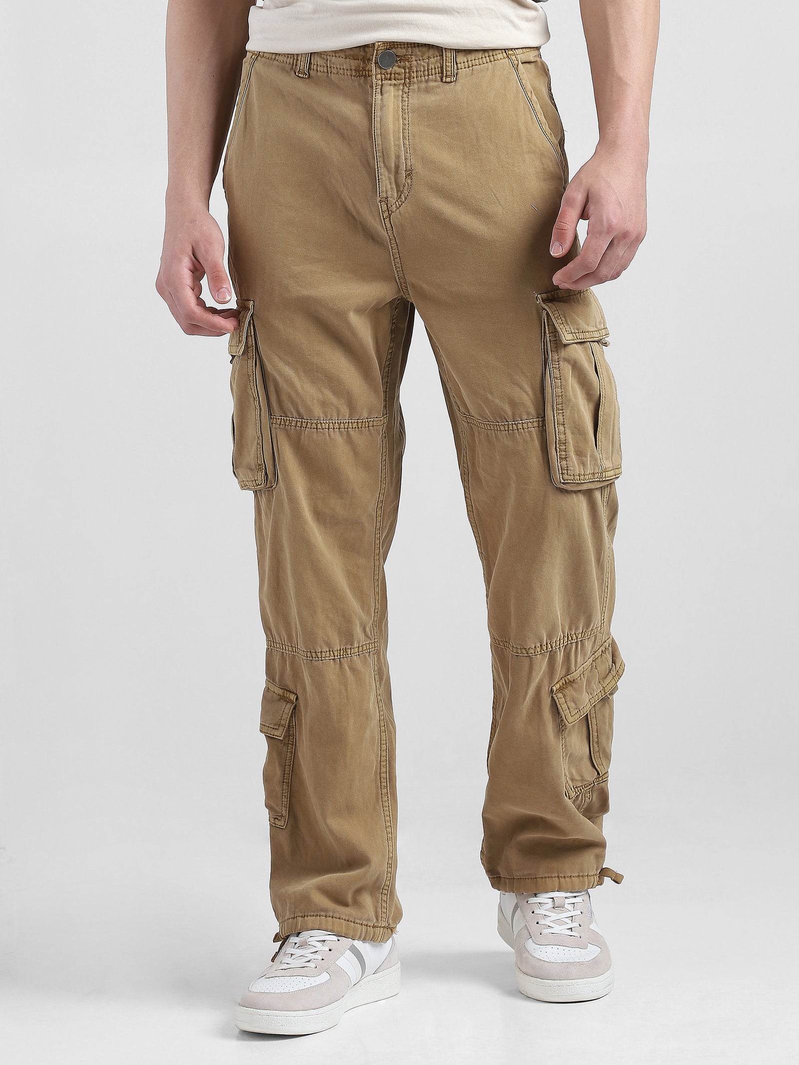 Men Beige Cotton Blend Cargo Pants with 8 Pockets