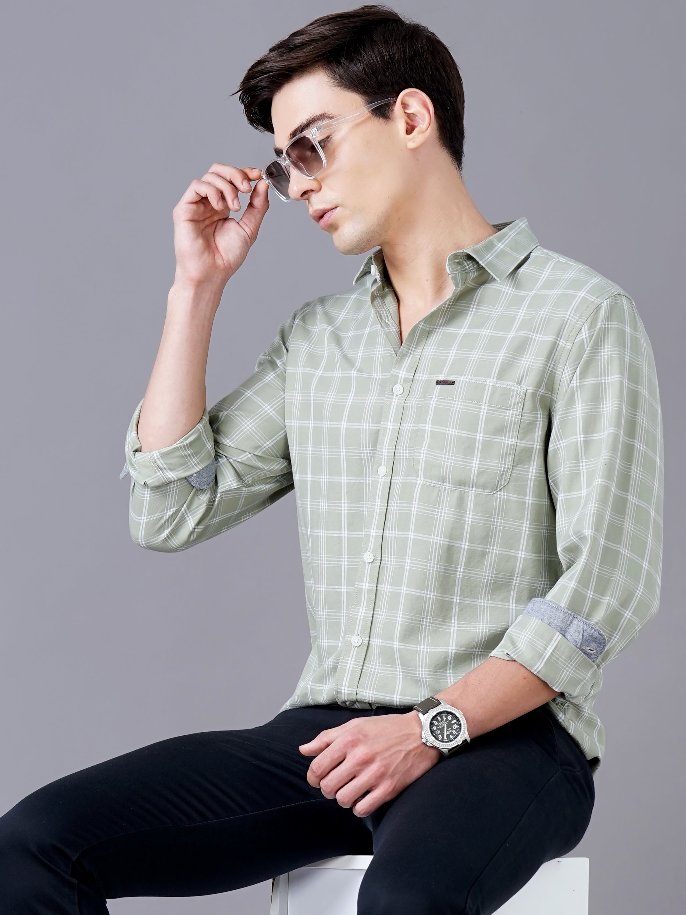 Men Green Cotton Slim Shirt