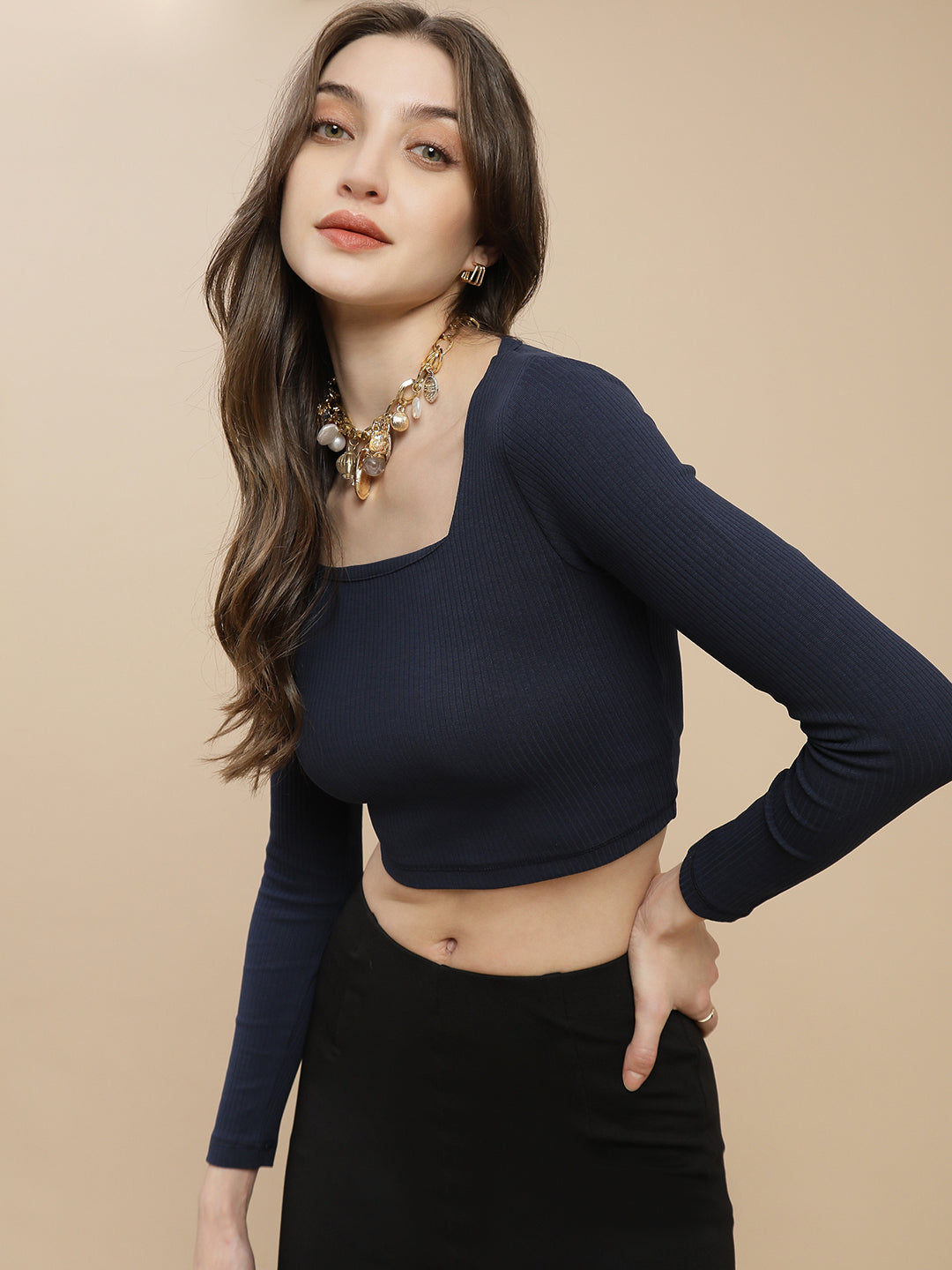 Women Navy Square Neck Rib Crop Top