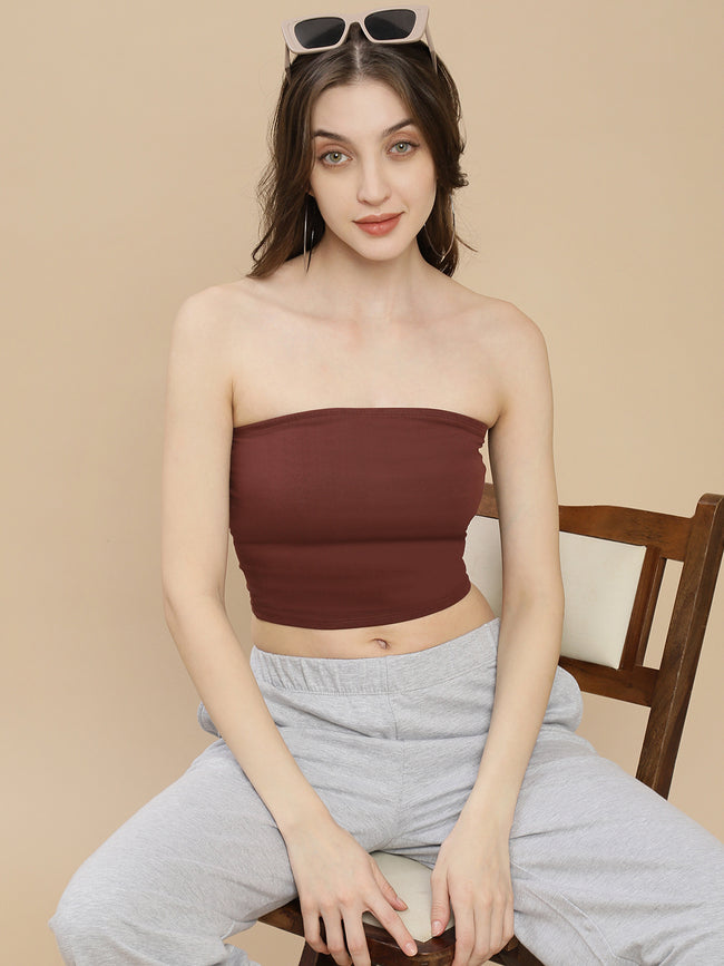 Women Brown Ruched Tube Top