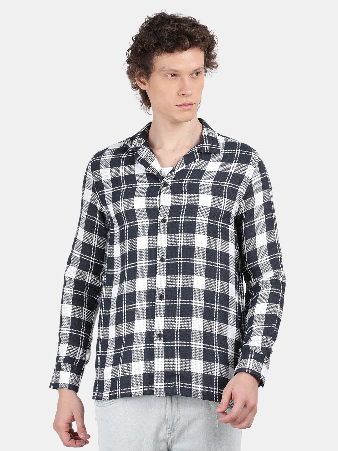 Men Navy Slim Fit Lapel Collar Full Sleeve Casual Shirt