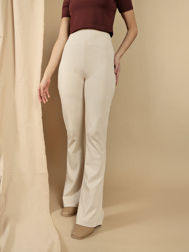 Women Beige Cotton Lycra Pant