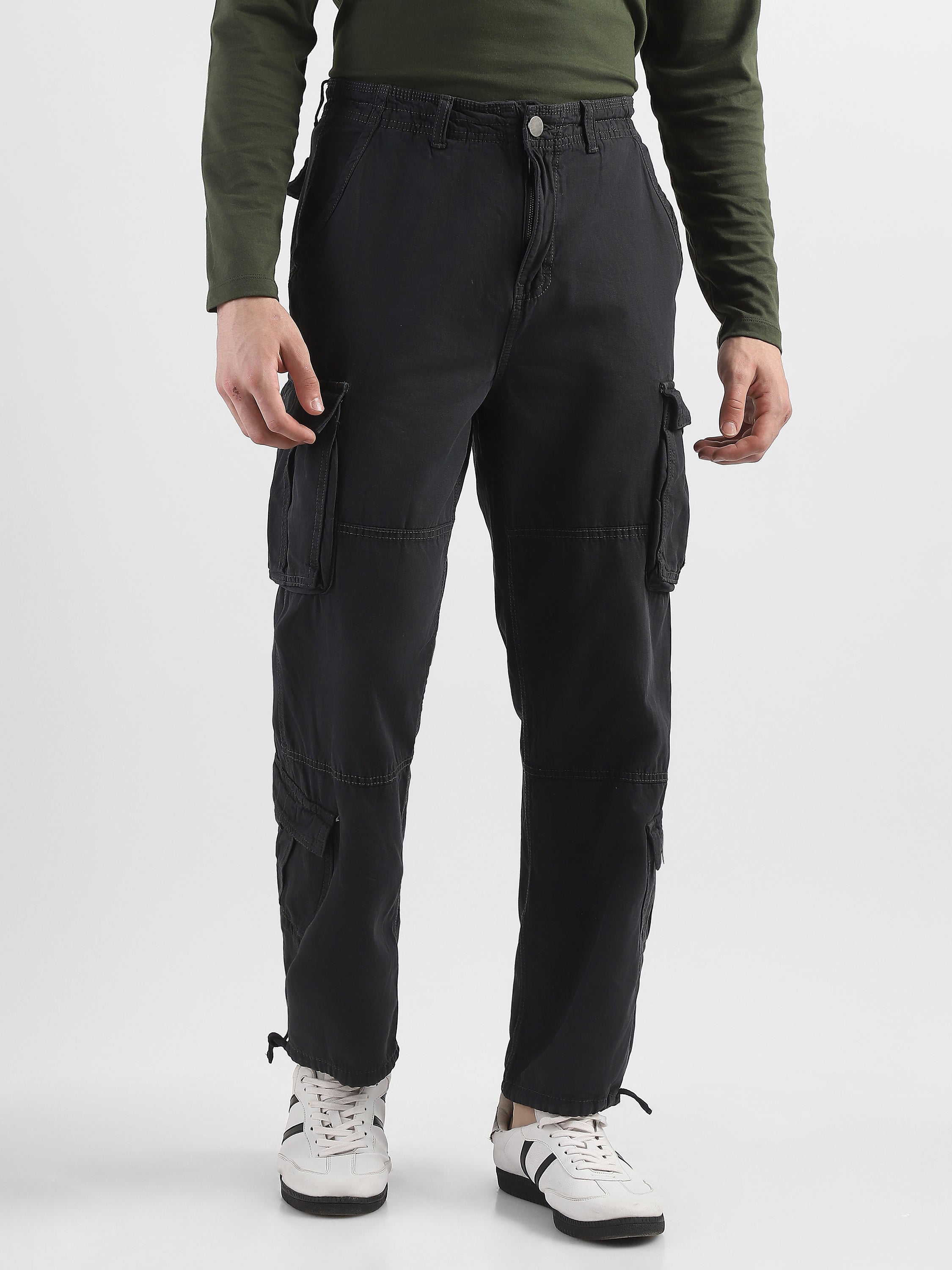 Men Black Cotton Blend Cargo Pants with 8 Pockets