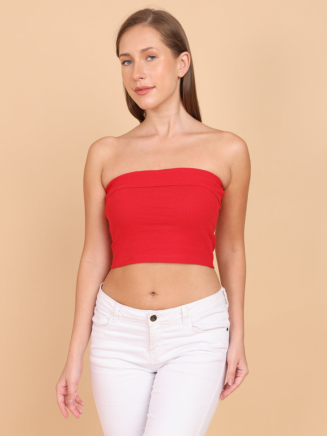 Women Red Over Fold Tube Top