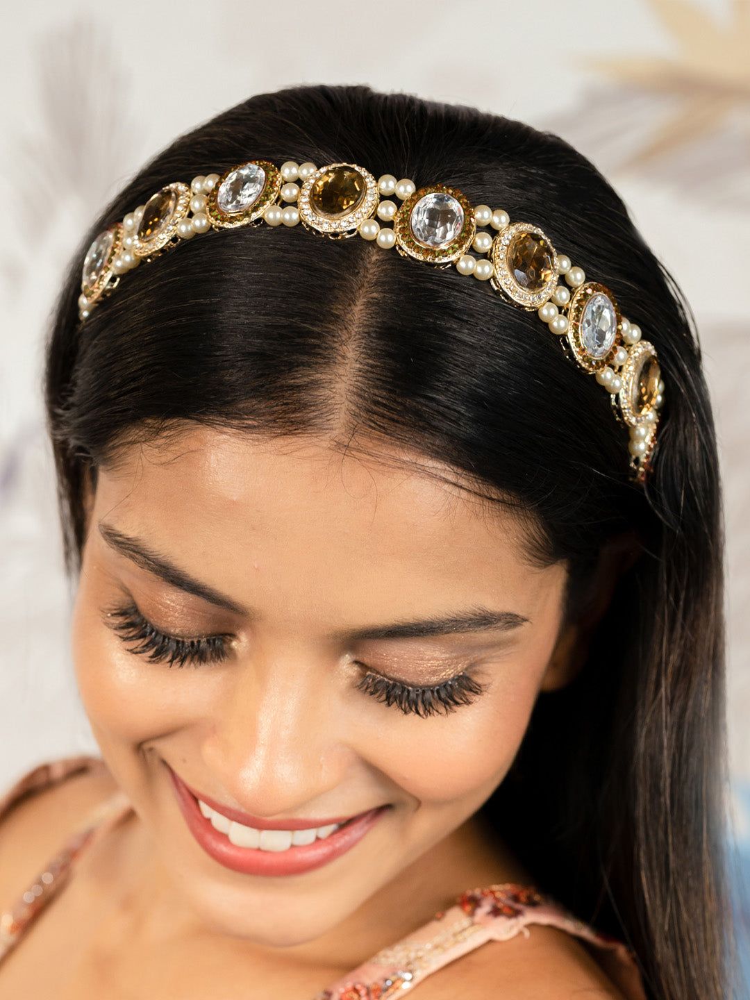 Women Gold Hair Band With Pearls And Crystals