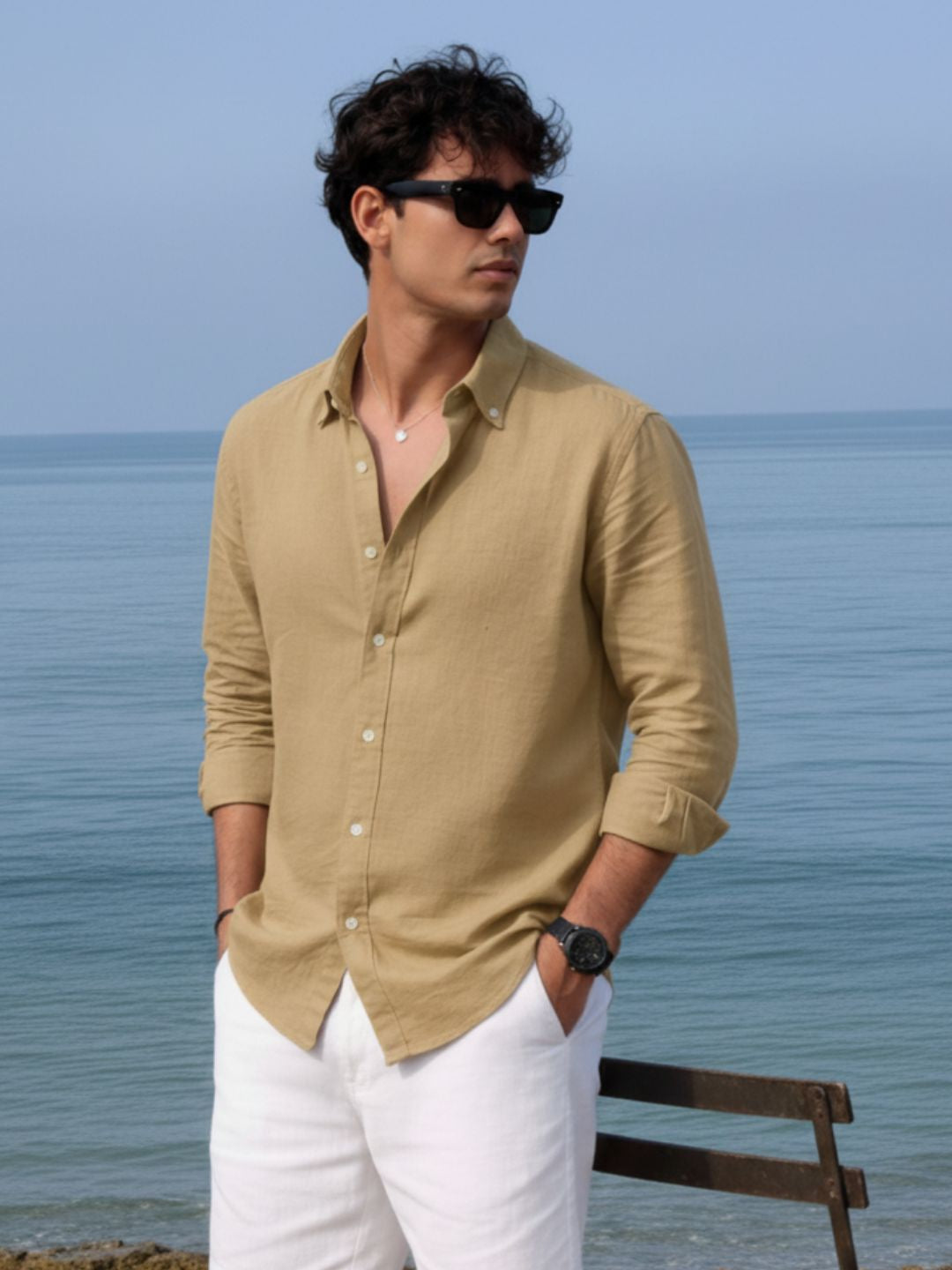 Men Khakhi Solid Shirt