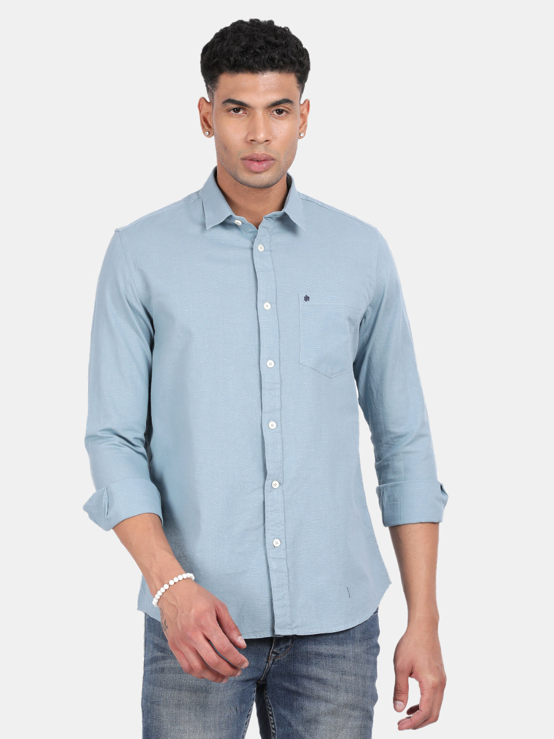 Men Light Blue Slim Fit Spread Collar Full Sleeve Casual Shirt