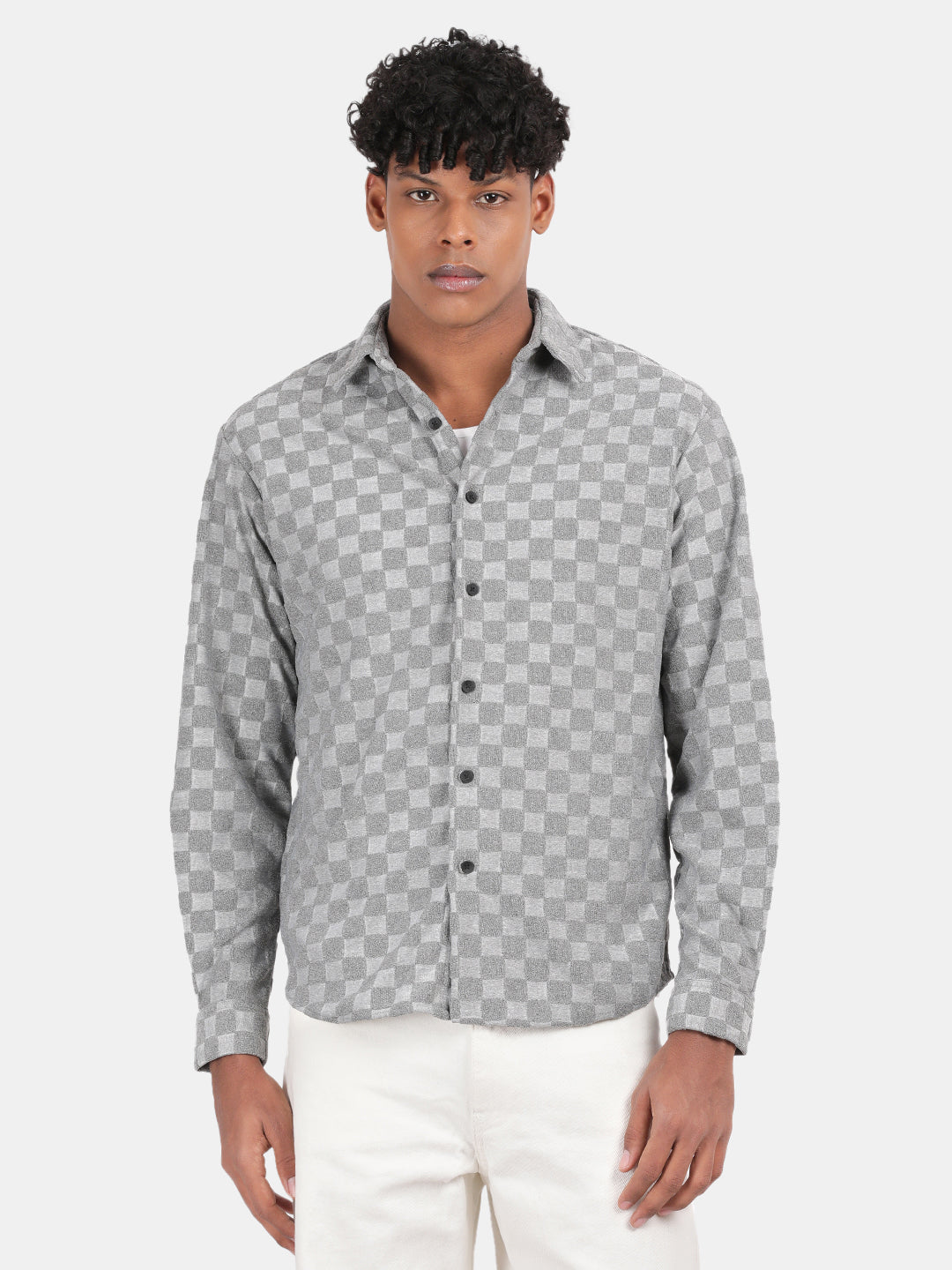 Men Light grey Slim Fit Spread Collar Full Sleeve Casual Shirt