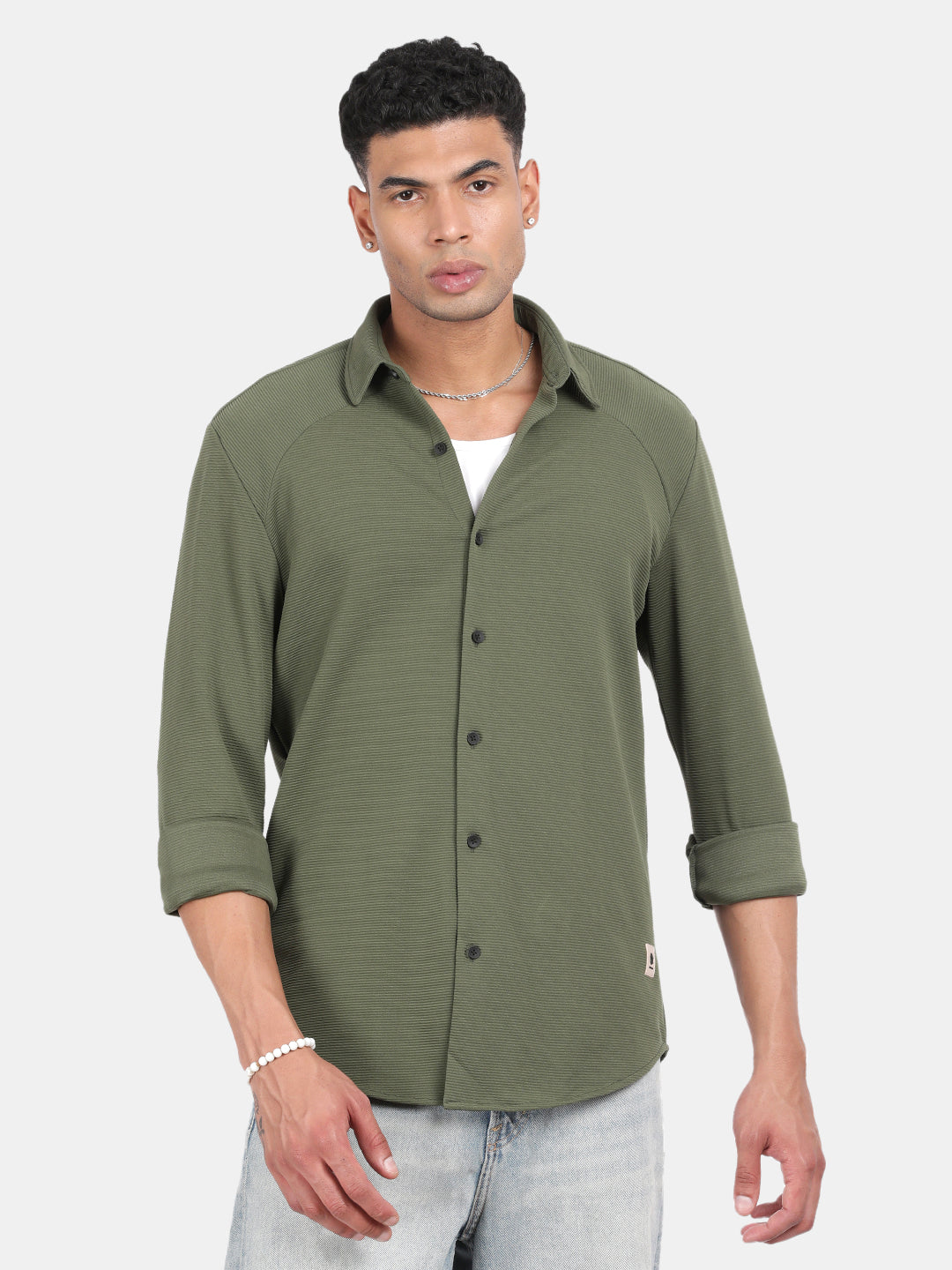 Men Olive Slim Fit Spread Collar Full Sleeve Casual Shirt