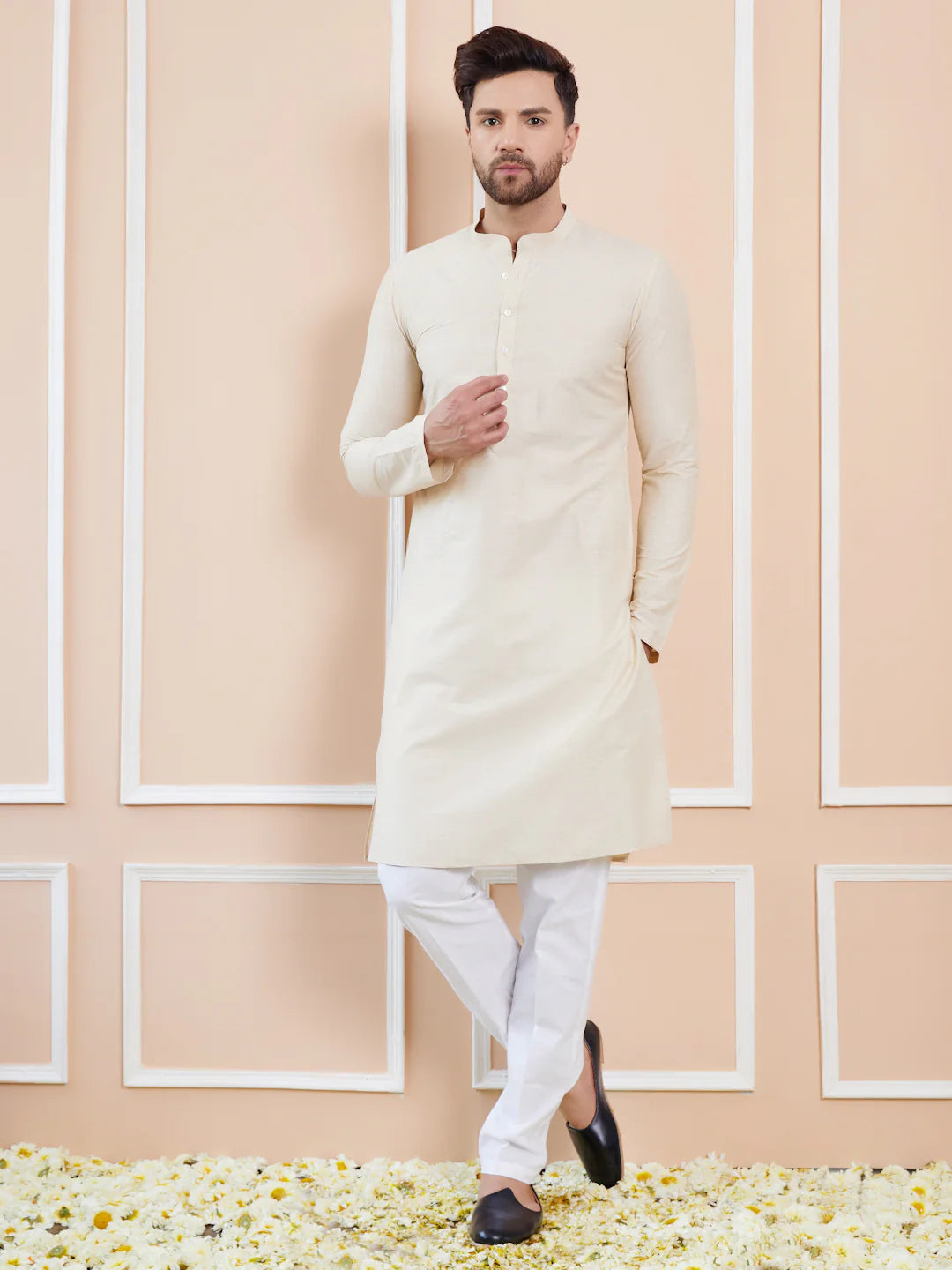 Men Cream Cotton Solid Straight Kurta