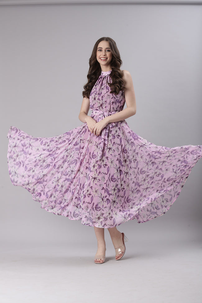 Women Lavender Floral Chiffon Dress