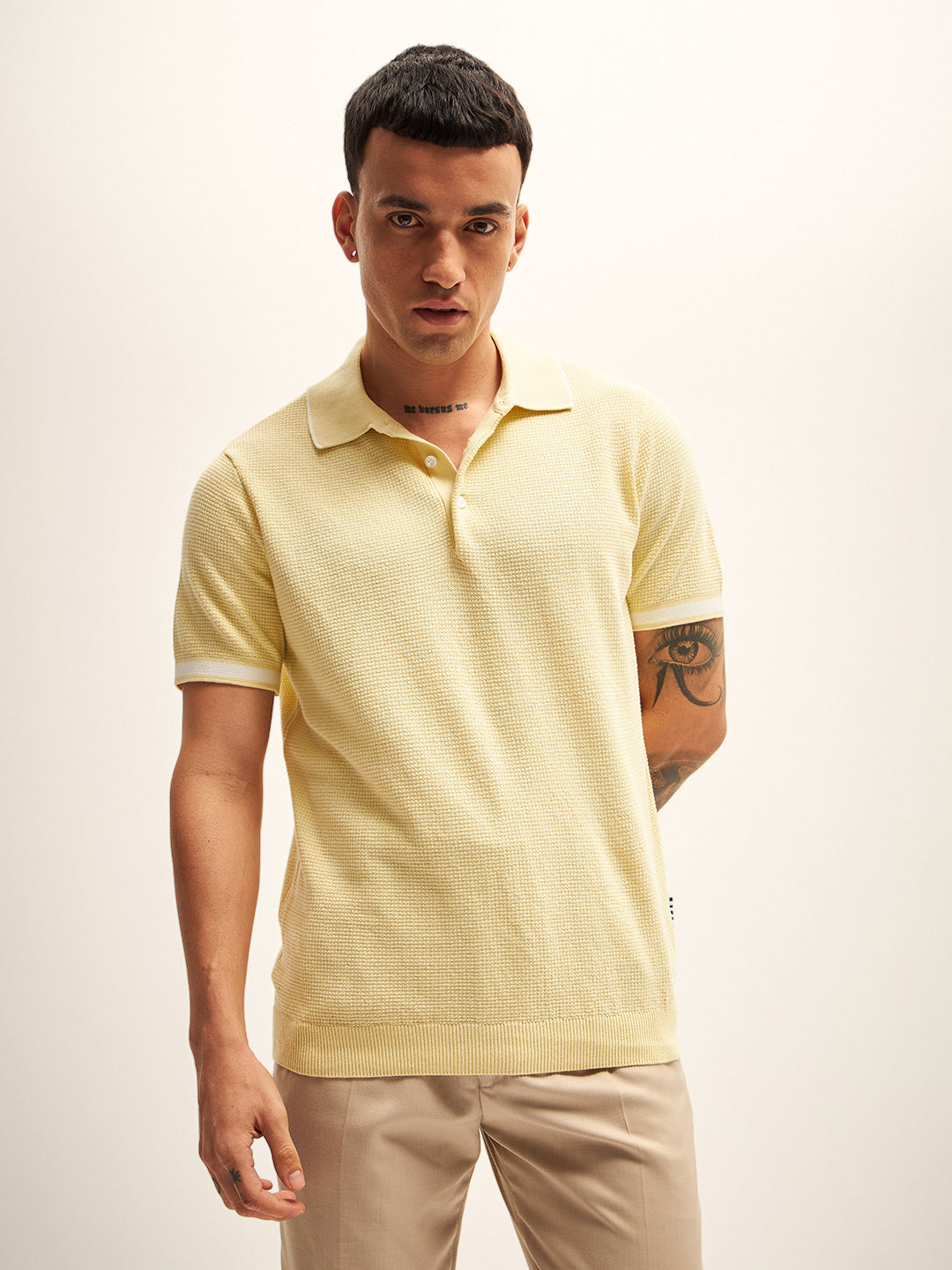 Men Yellow Self Design Regular Fit Polo T-Shirt