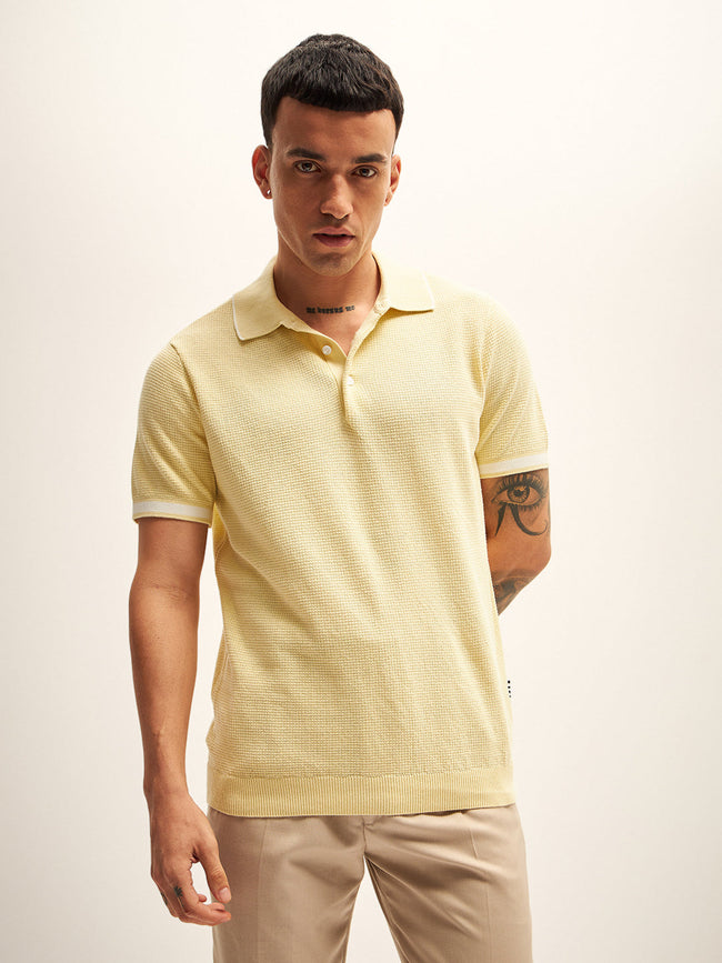 Men Yellow Self Design Regular Fit Polo T-Shirt