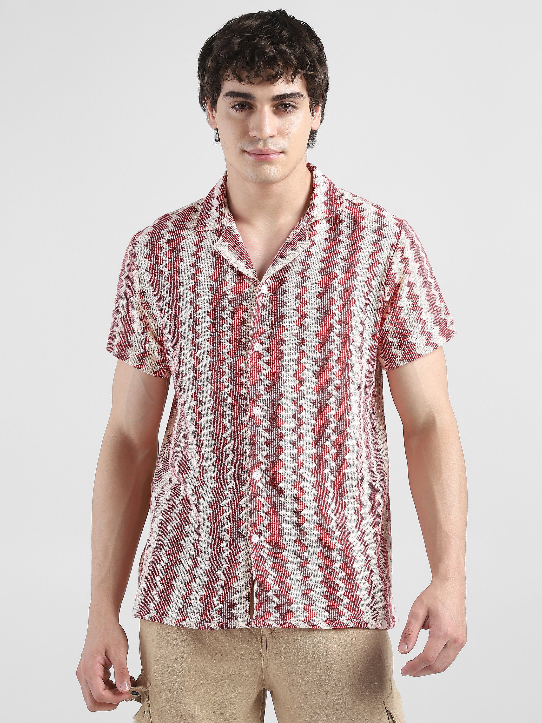 Men Lace See through Pink Casual Shirt