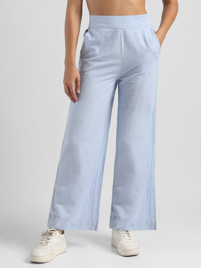 Women Blue Linen Blend Straight Pants