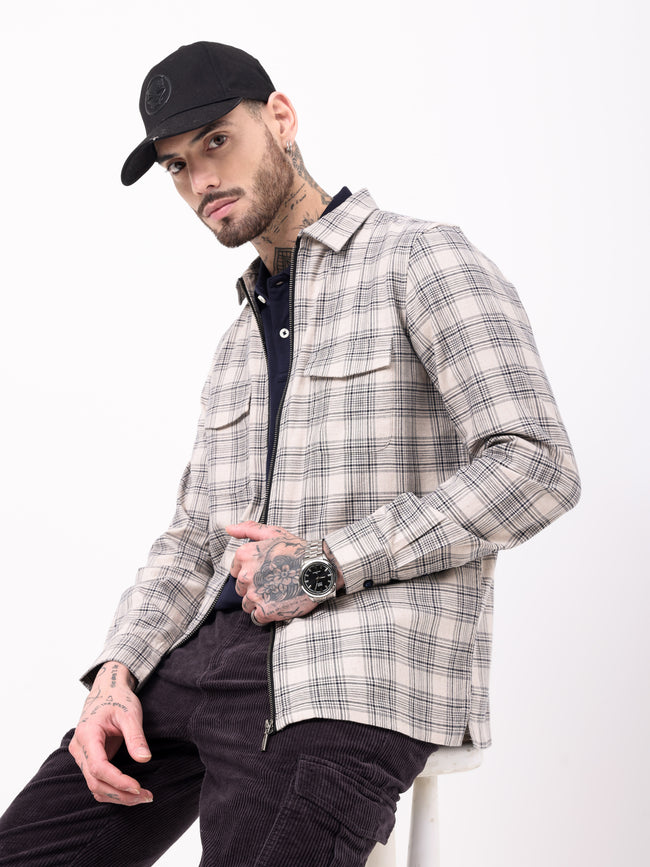 Men Beige Checked Shacket