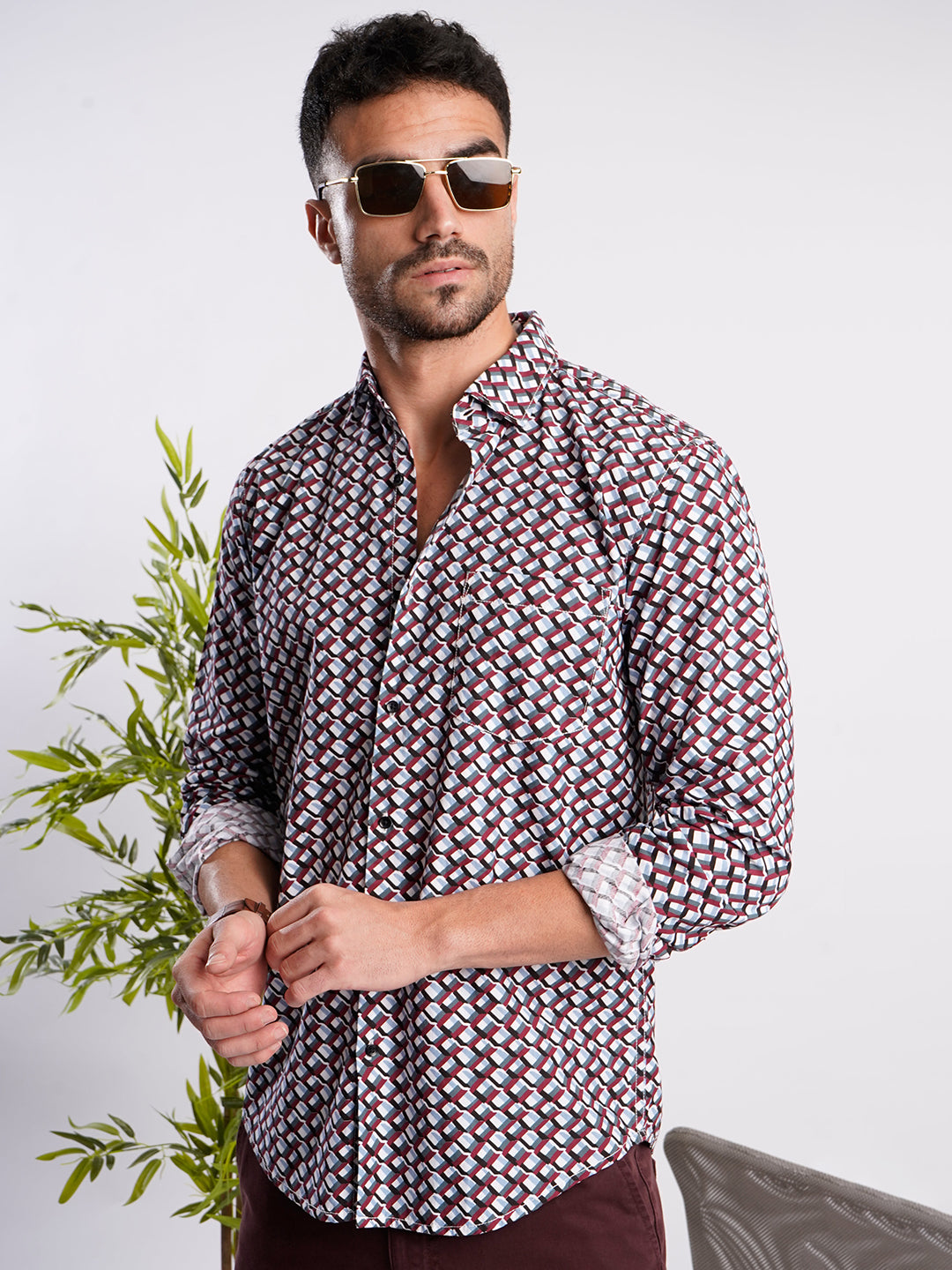 Men Geometric Print Single Pocket Shirt