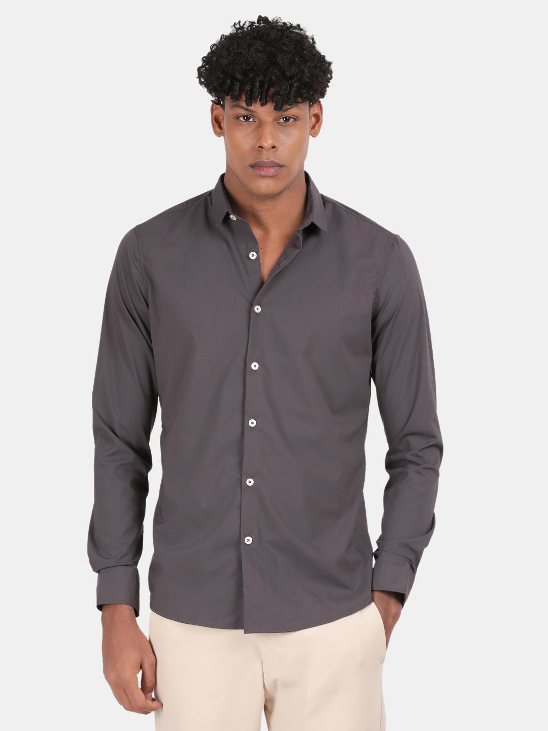 Men Dark Grey Slim Fit Spread Collar Full Sleeve Casual Shirt