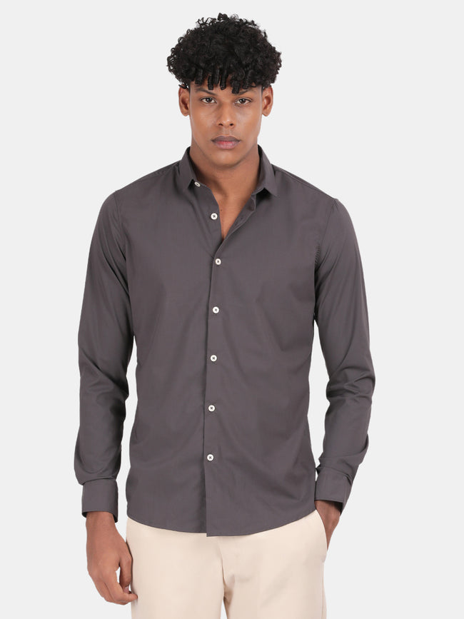 Men Dark Grey Slim Fit Spread Collar Full Sleeve Casual Shirt