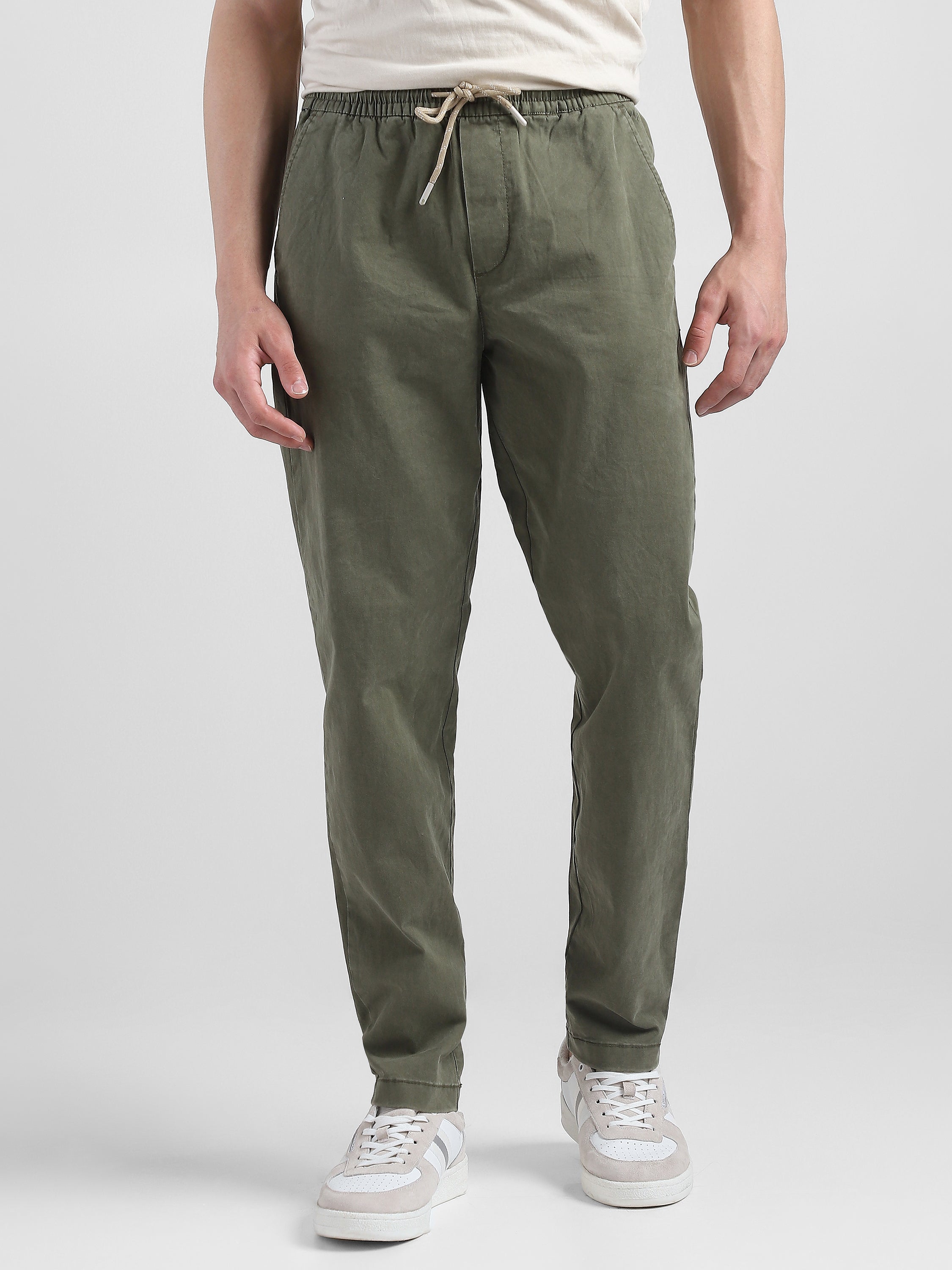 Men Olive Cotton Blend Pants